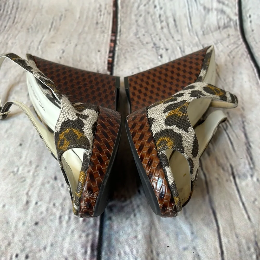 Via Spiga Brown Leopard Linen Leather Lining Slingback Wedge Sandals Size 6.5